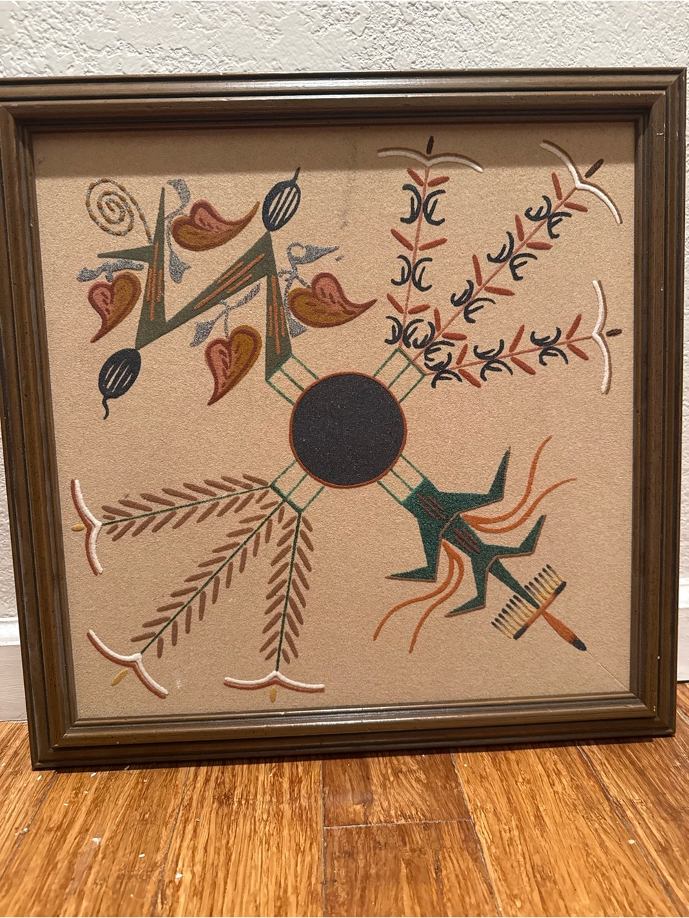 Vintage Framed Sand Art Wall Hanging in Tan, Green & Rust